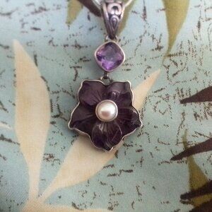 Vintage Carved Amethyst Flower with Pearl in the center Necklace stamped 925
